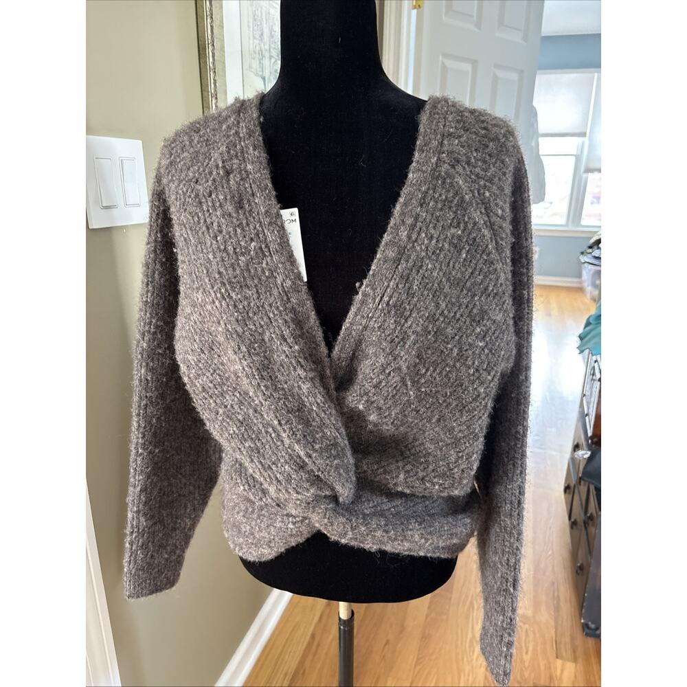 Open Edit Nordstom V-Neck Dolman Sleeve reversible brown fuzzy heavy Sweater S